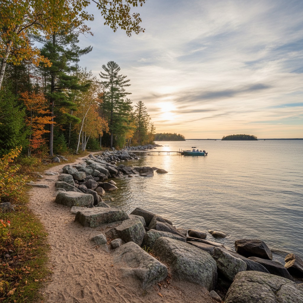 Lake Simcoe shoreline with residential properties, docks, and calm water stretching to the horizon