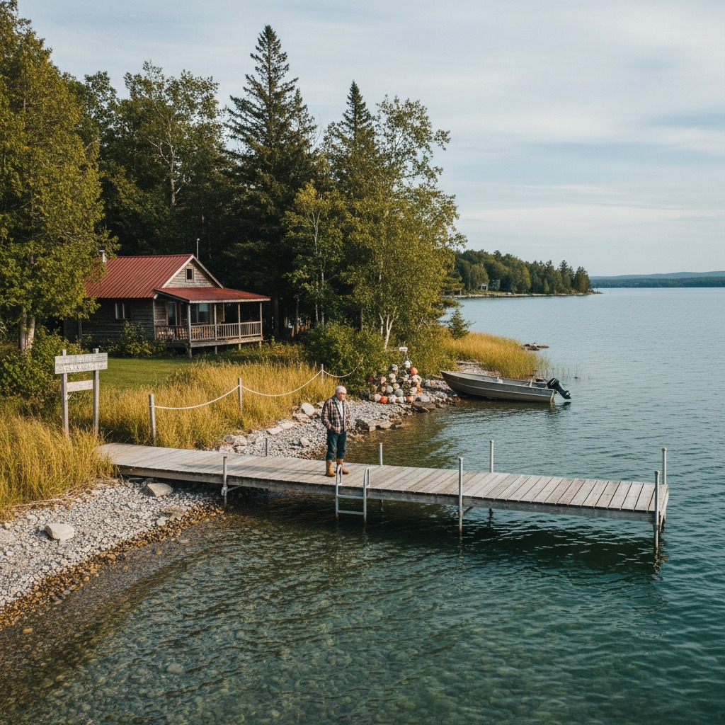 Waterfront residential property with a manicured lawn leading to a lake