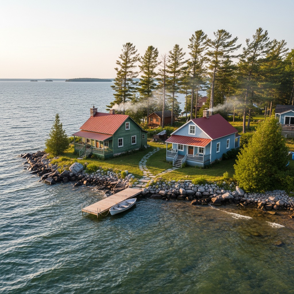 Row of waterfront properties along a calm lake shoreline