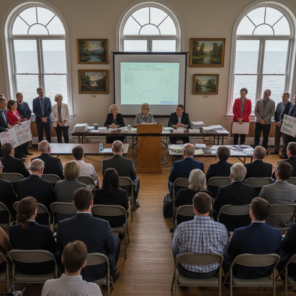 Community members reviewing planning documents at a town hall