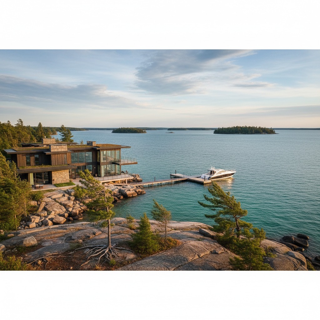 Luxury modern waterfront home with large windows facing the lake