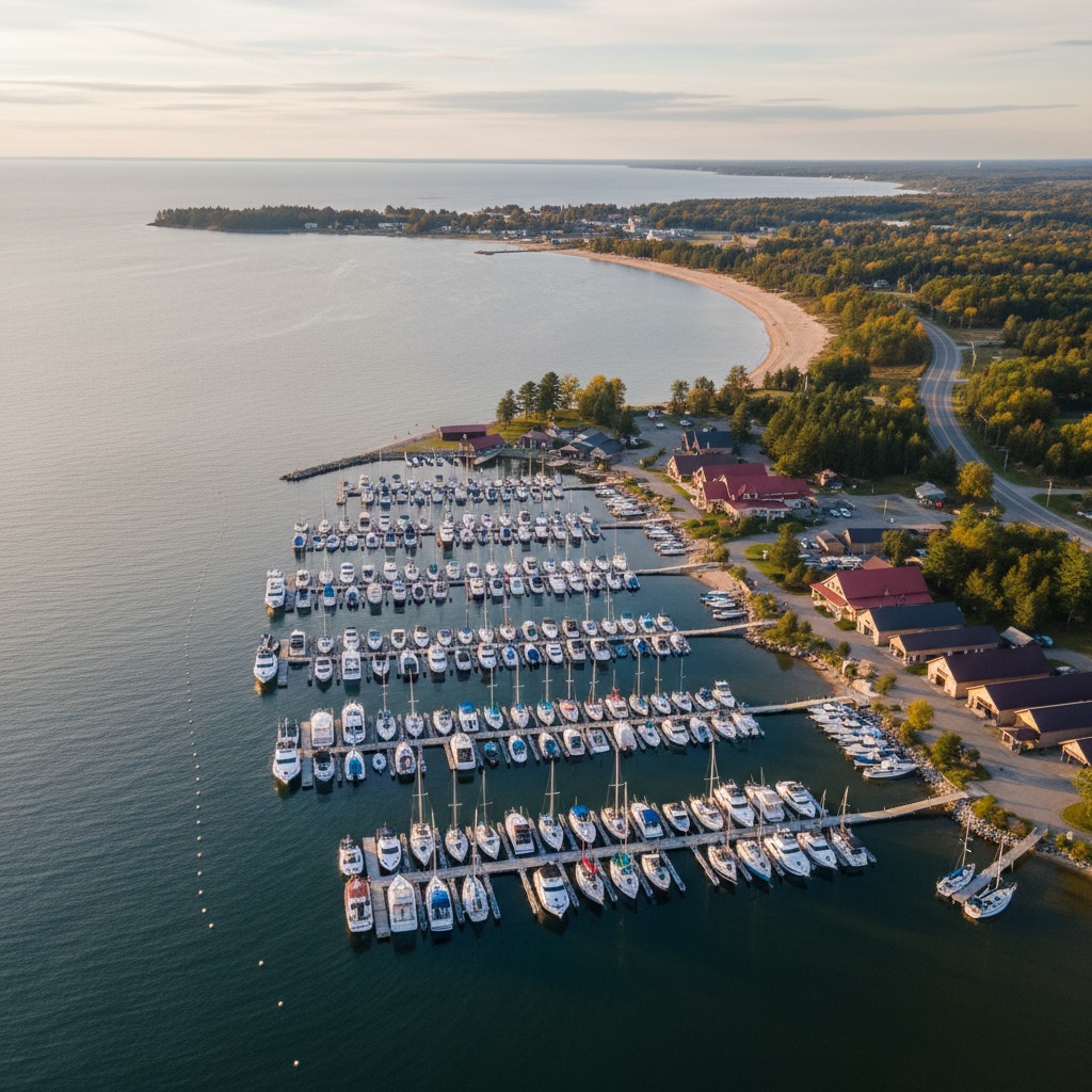 Aerial view of a large Ontario marina showing organized rows of boats and dock fingers
