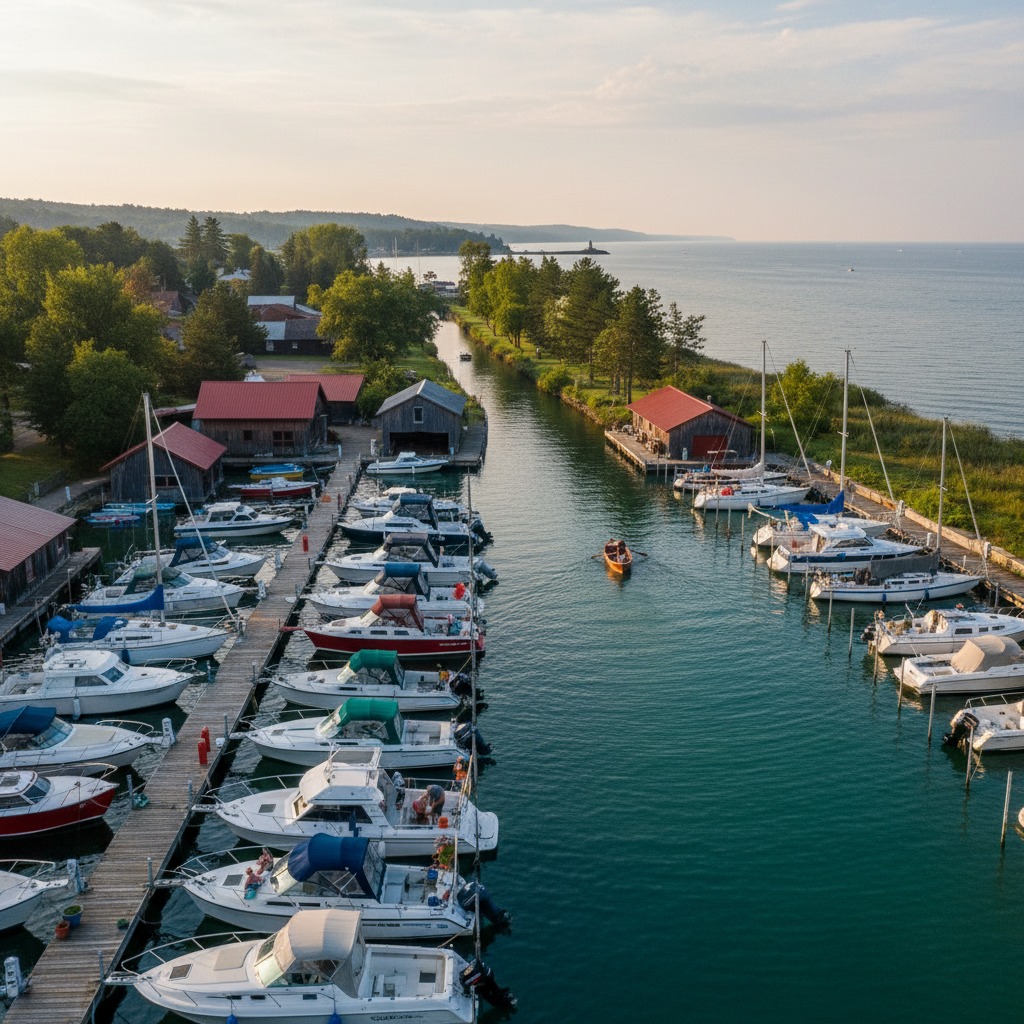 Sailboats and powerboats moored at a busy Ontario marina on a calm summer morning