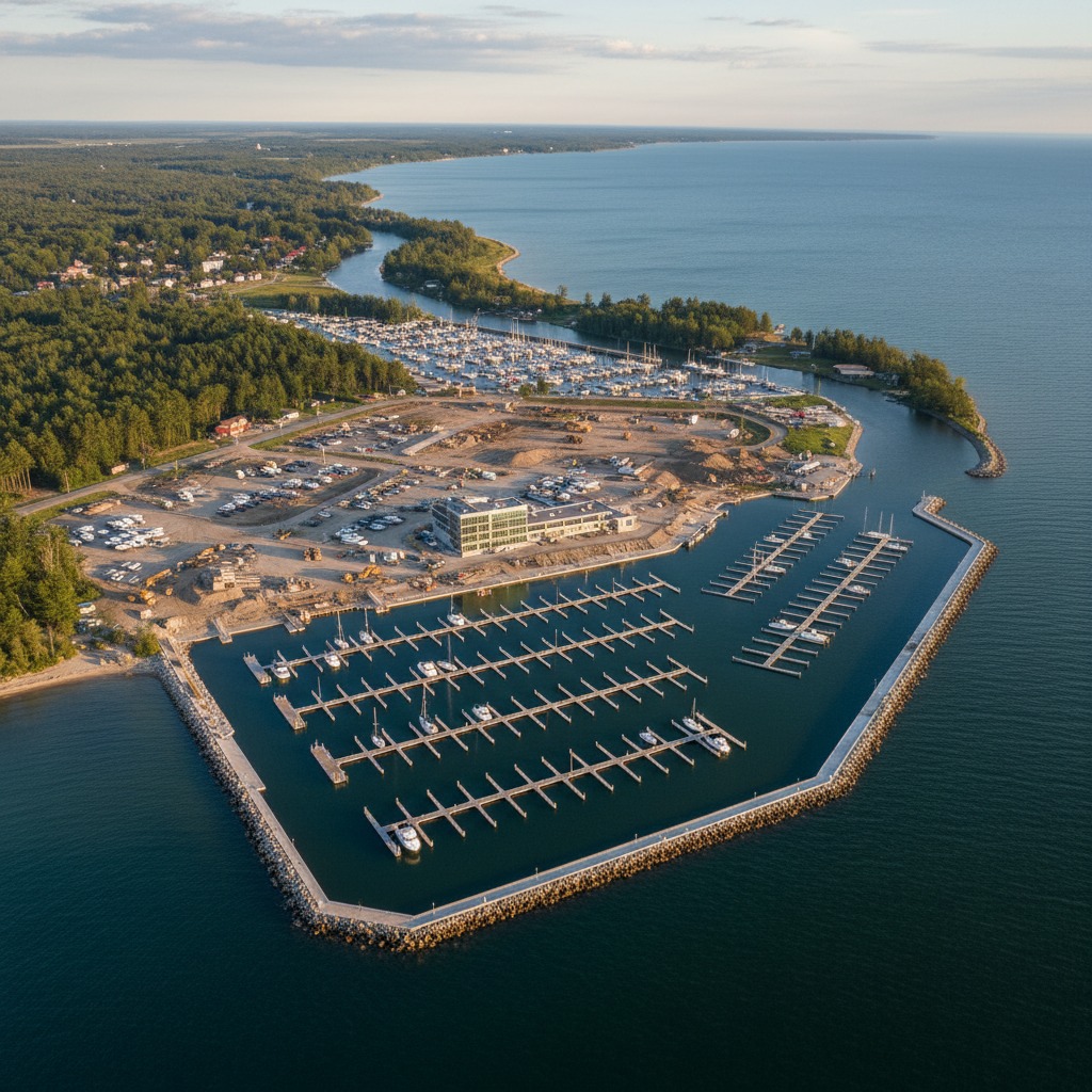 Aerial view of a marina with docks extending into a lake