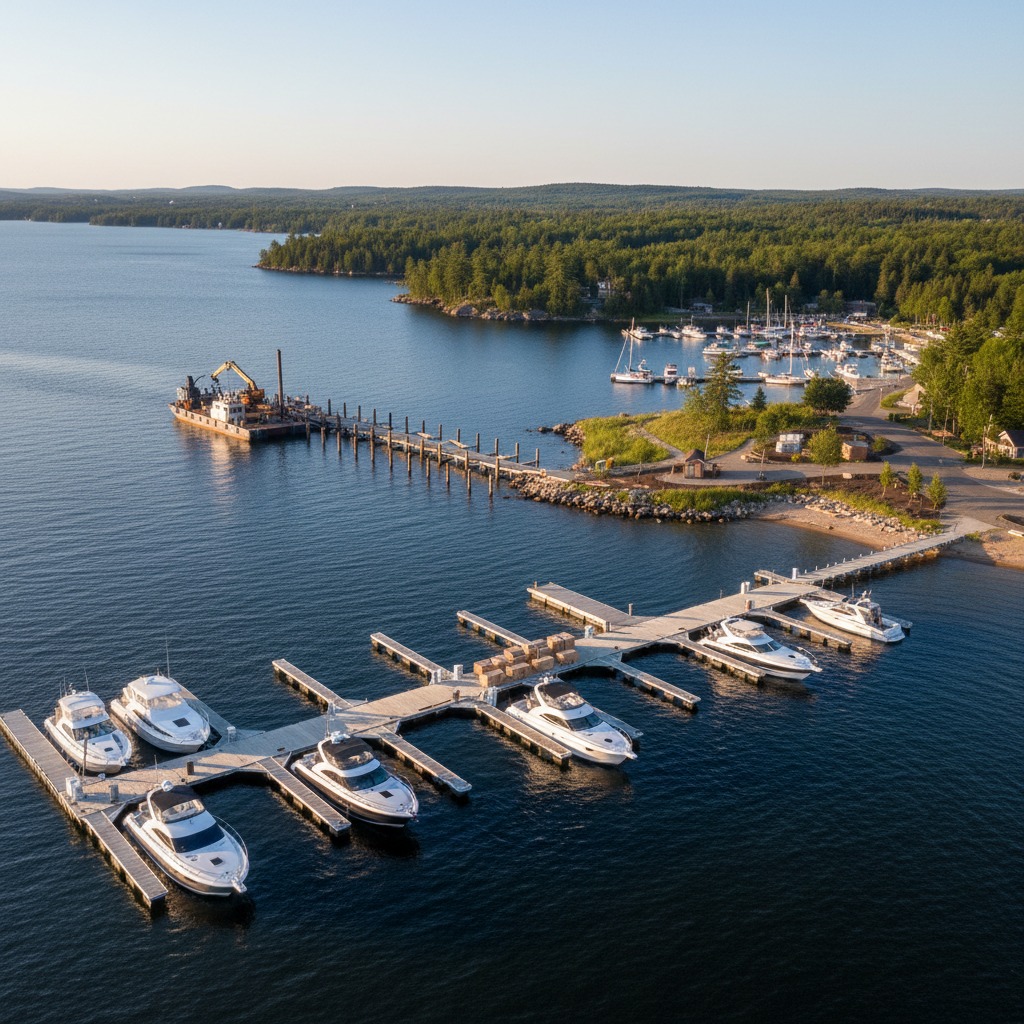 Boats docked at a busy marina with waterfront buildings in background