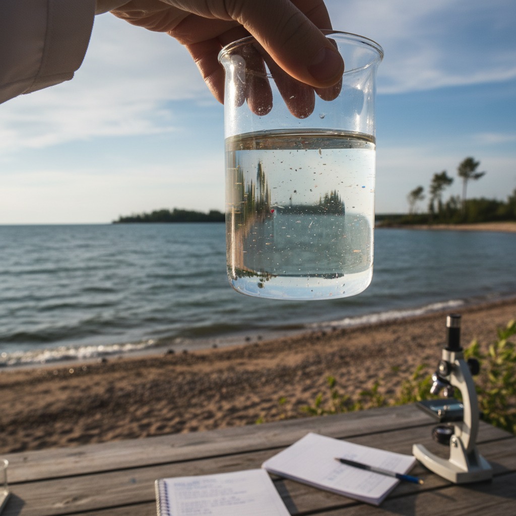 Water sample analysis showing microplastic contamination in freshwater