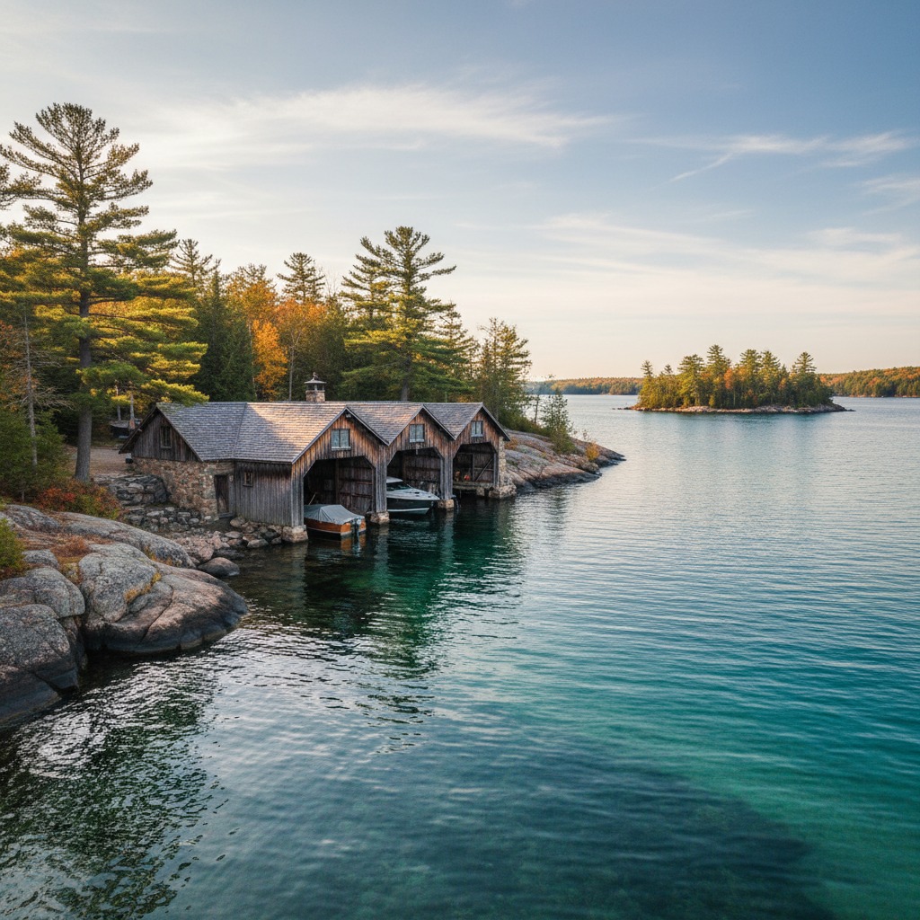 Classic Muskoka boathouse with a wooden launch and a canoe on the dock