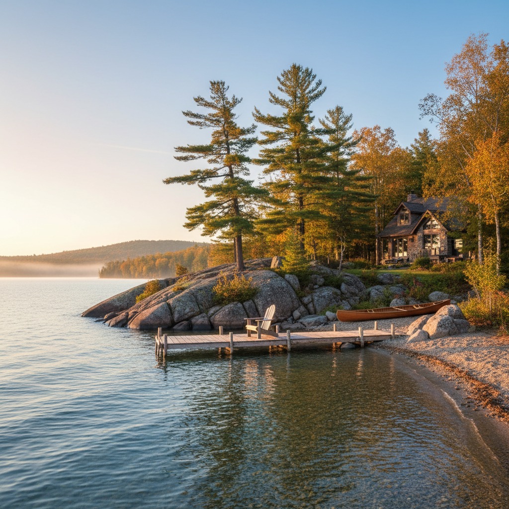 Muskoka lake with boathouses, docks, and cottages along a tree-lined shore in early autumn