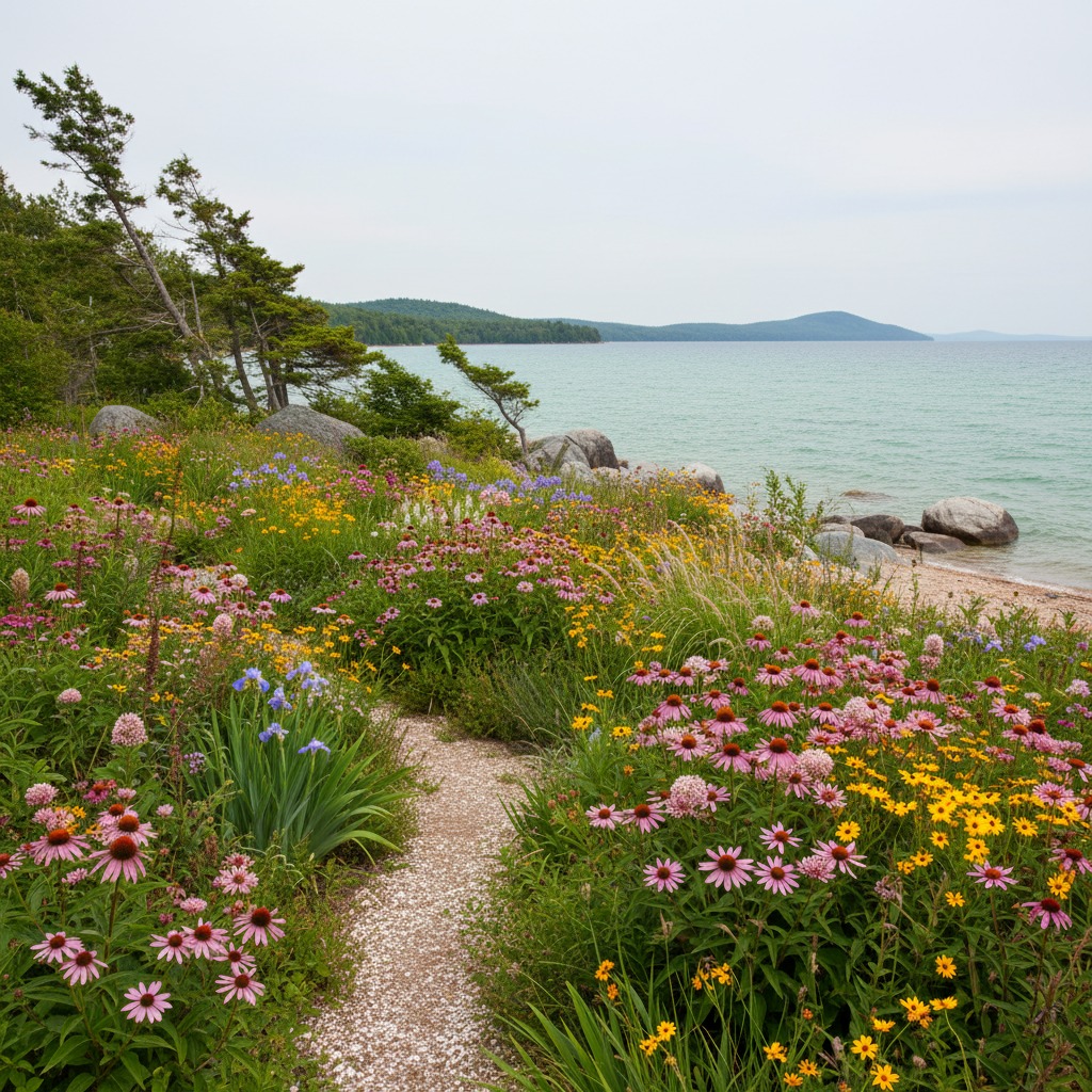 A native wildflower garden along an Ontario shoreline with diverse plantings