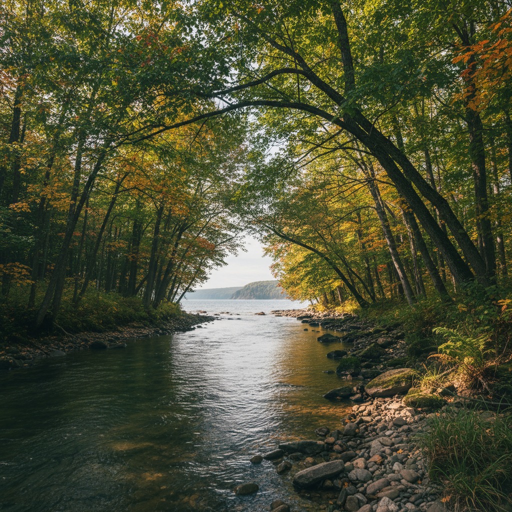 Ontario river winding through dense forest canopy