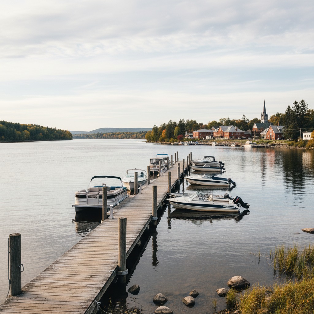 Public dock on the Ottawa River with trees and a small-town skyline in the background