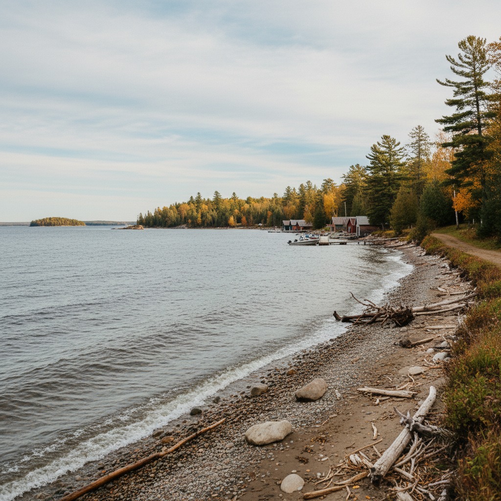Wide view of the Ottawa River with a small town along the forested shoreline