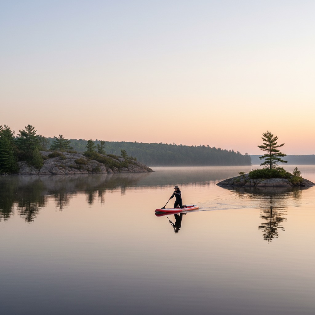 Person standing on a paddleboard on a glassy lake at sunrise with mist on the water