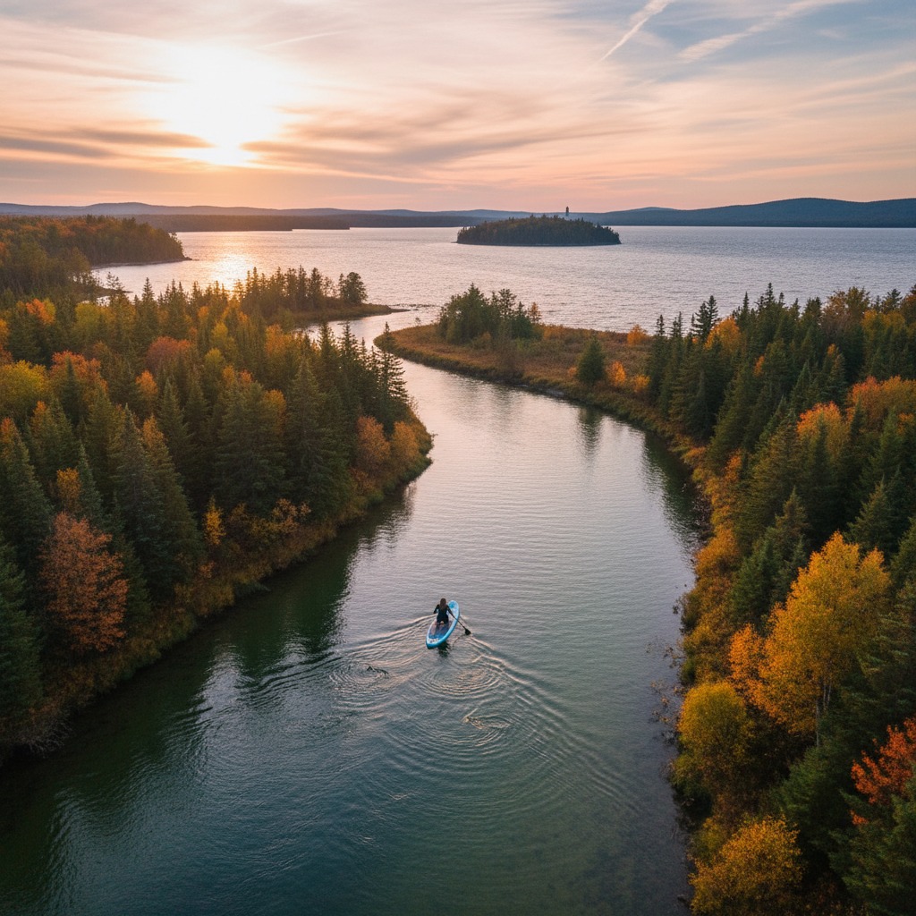 Paddleboarder on a calm river with overhanging trees and dappled sunlight