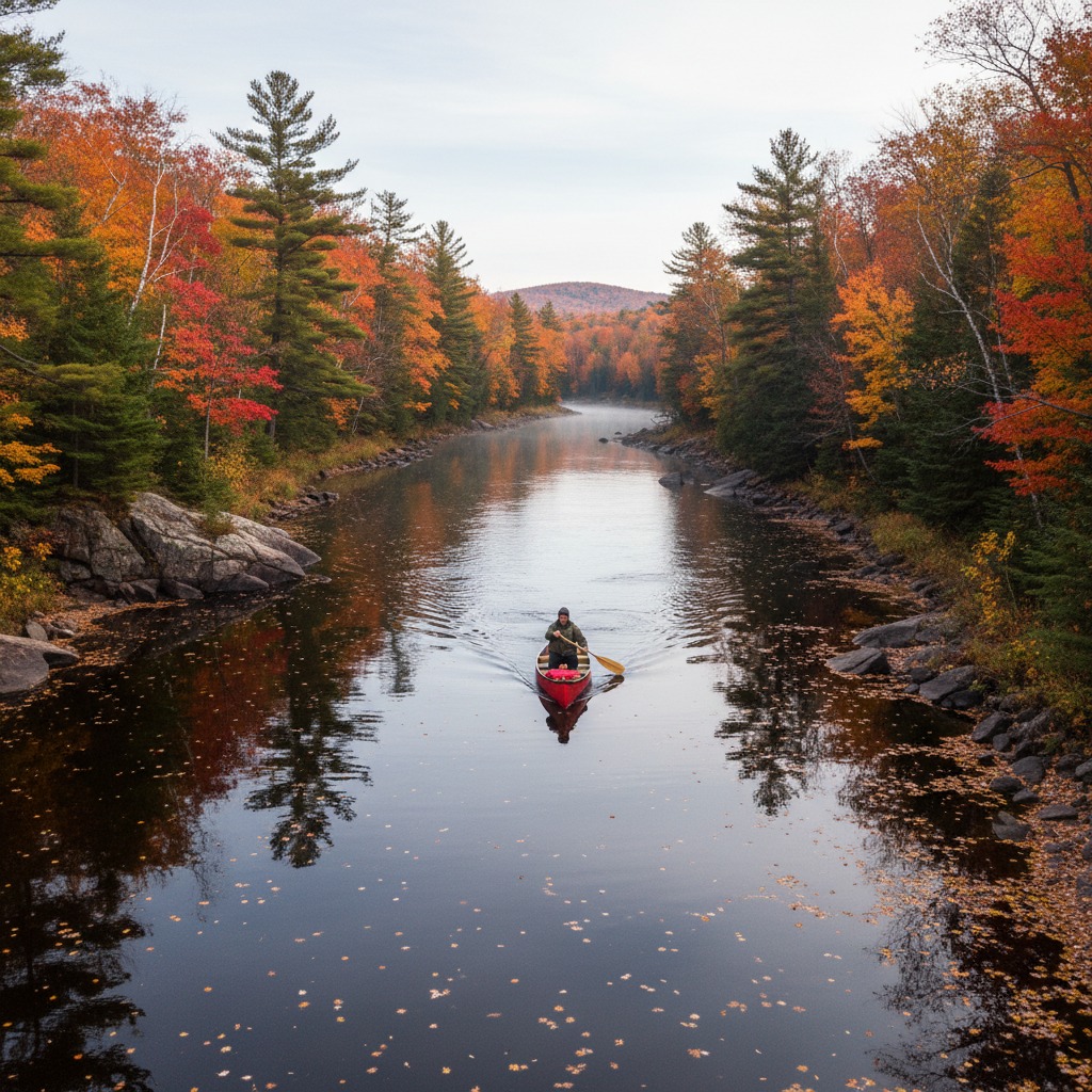 Paddler on a wide river during autumn with colourful foliage along the banks