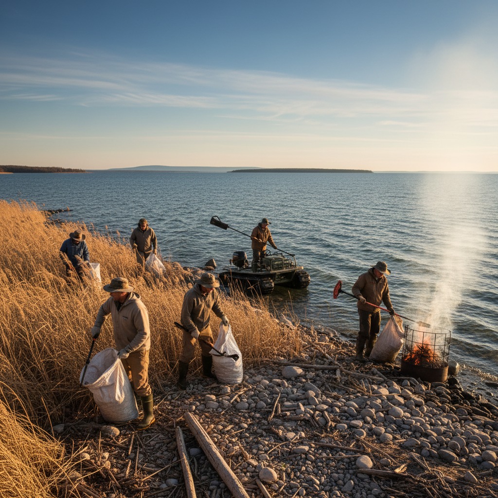 Conservation volunteers managing invasive plant species in a wetland area