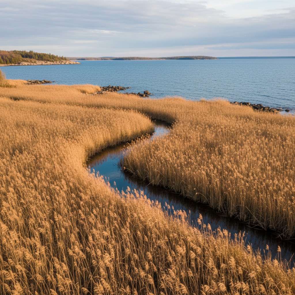 Dense vegetation along a wetland edge showing both native and invasive plant species