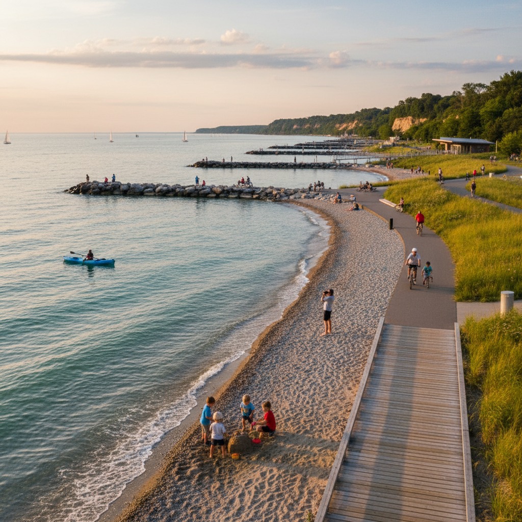 Public waterfront access point with a wooden boardwalk leading to the lake
