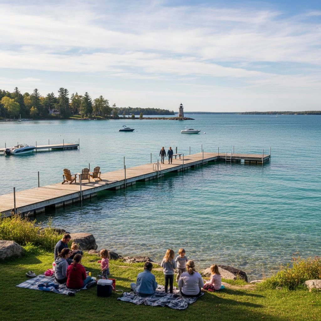 Small public dock on a lake with a canoe launch area and informational signage