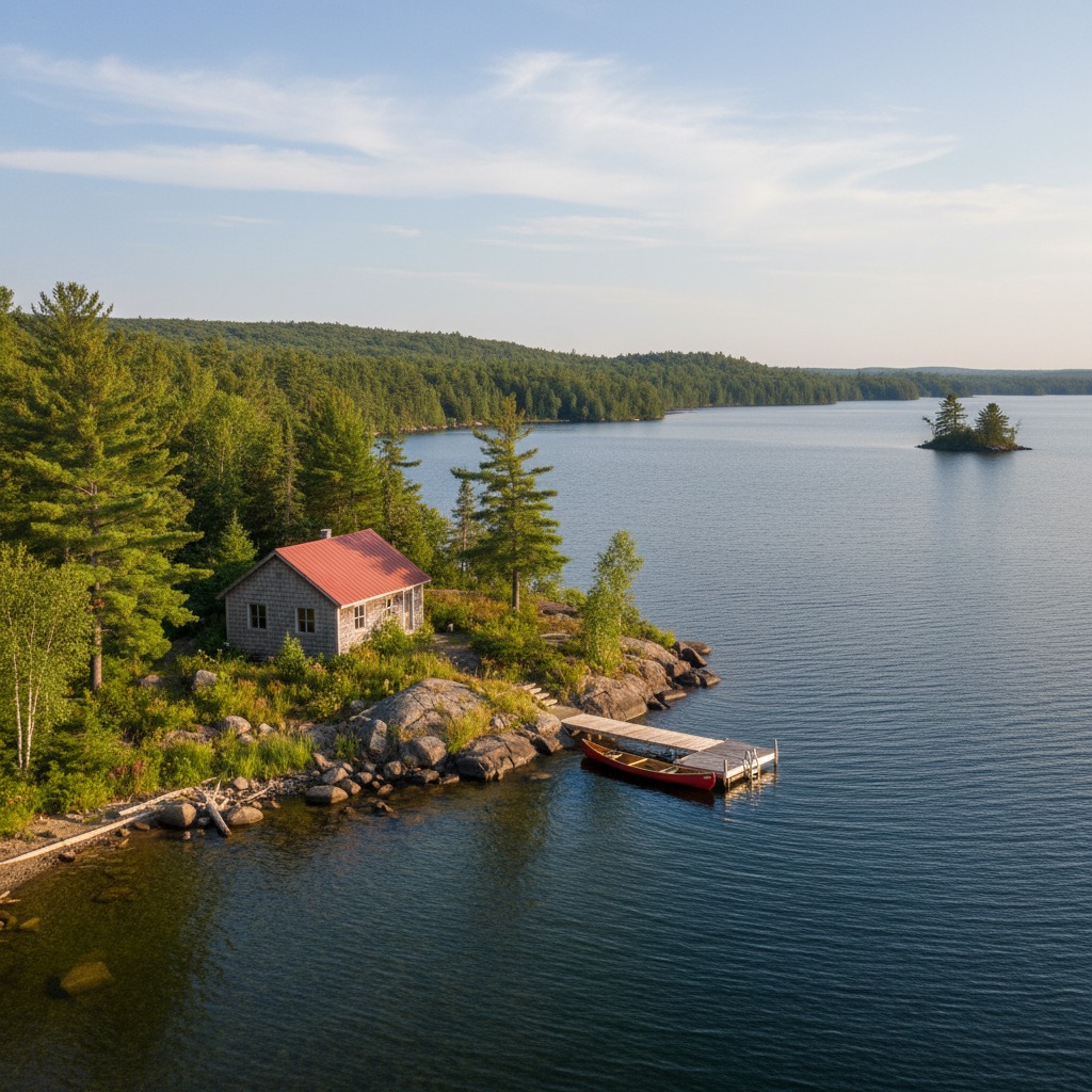 Secluded cottage on a quiet lake surrounded by forest