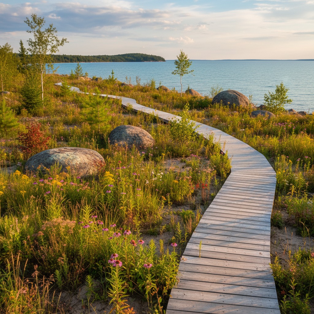 Lush restored shoreline vegetation growing along a calm lake with reflections in the water