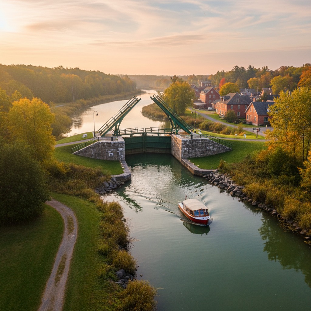 Merrickville main street with heritage stone buildings, flower boxes, and the Rideau Canal nearby