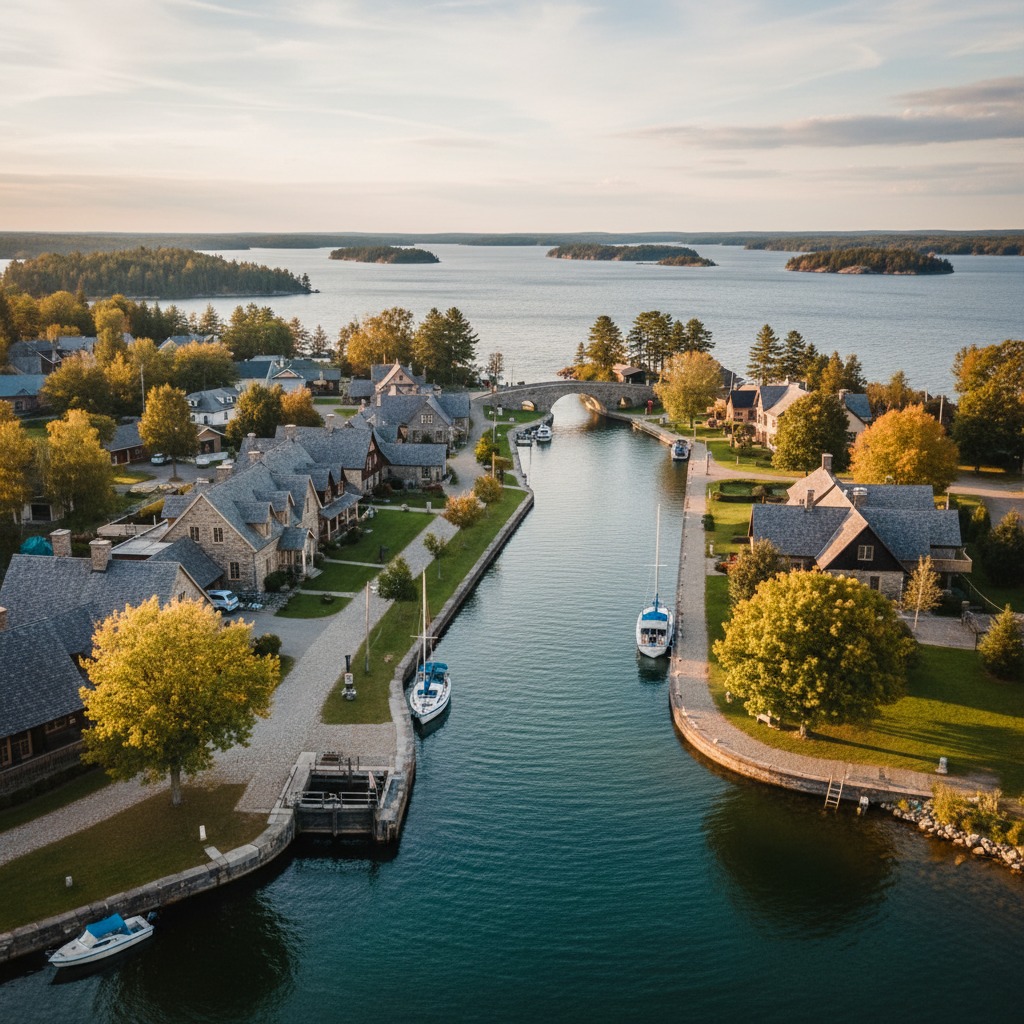 Quaint village along the Rideau Canal with heritage stone buildings and a waterway view