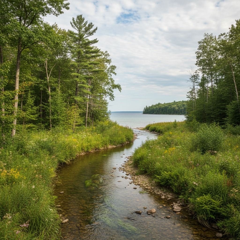 A lush riparian buffer zone with trees and shrubs lining a stream