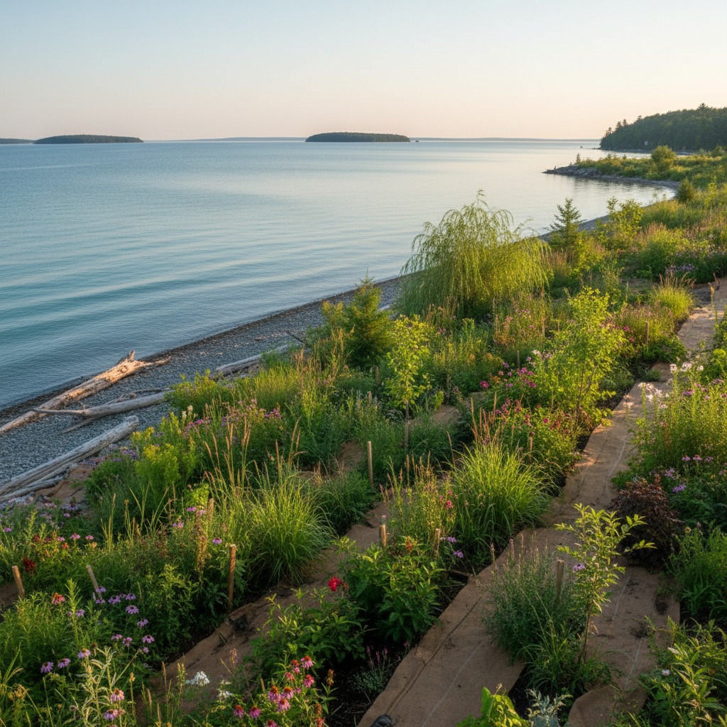 Newly planted riparian buffer zone along a waterway with young trees and shrubs