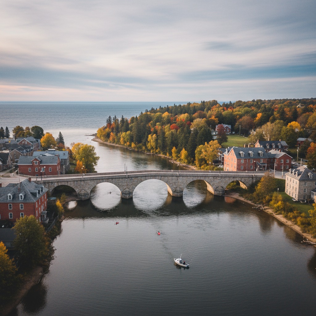 Historic stone bridge crossing a river in a small Ontario town