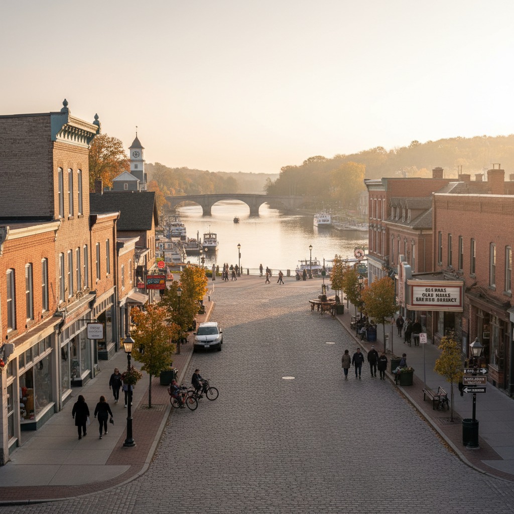Charming main street of a river town with small shops and cafes along a tree-lined road