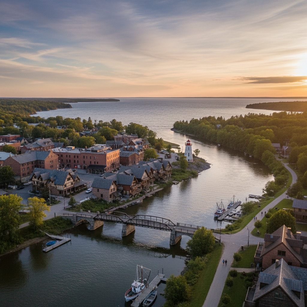 A scenic Ontario river town with stone buildings along a winding river
