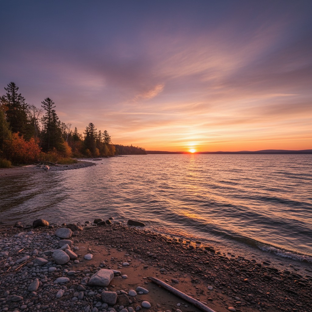 Sunset light filtering through trees along a quiet riverbank