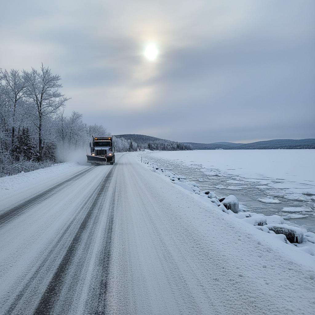 A snowy Ontario highway with road salt residue visible on the pavement
