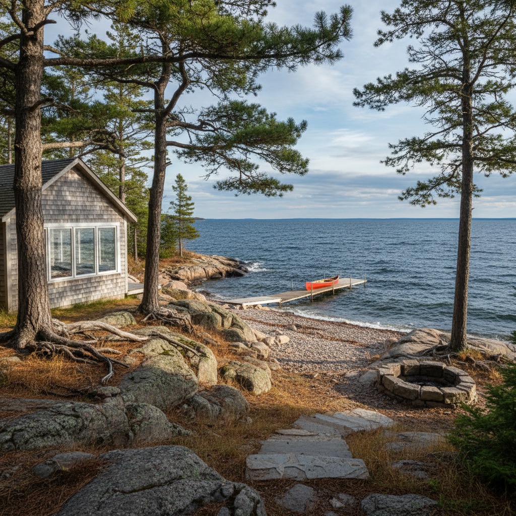 Rocky natural shoreline along a lake with green vegetation