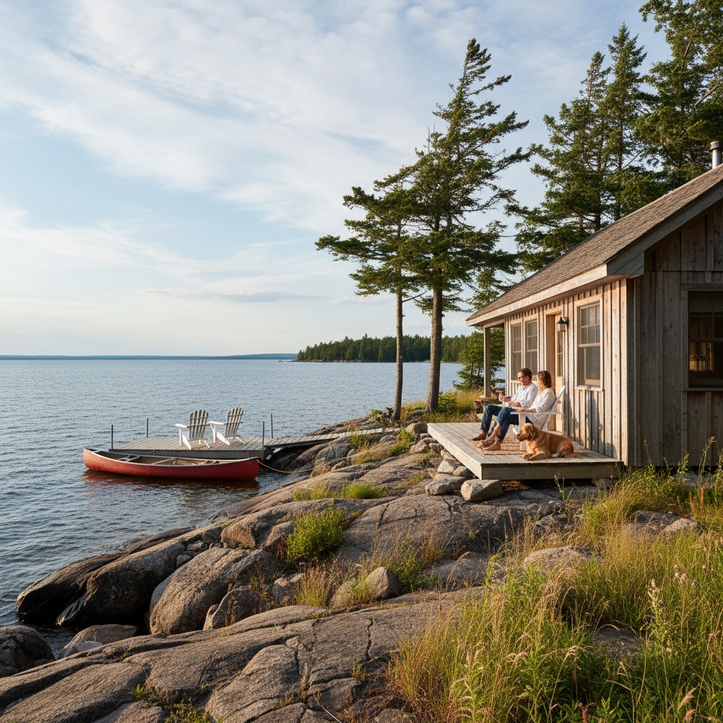 Rural cottage property nestled among trees near a lake