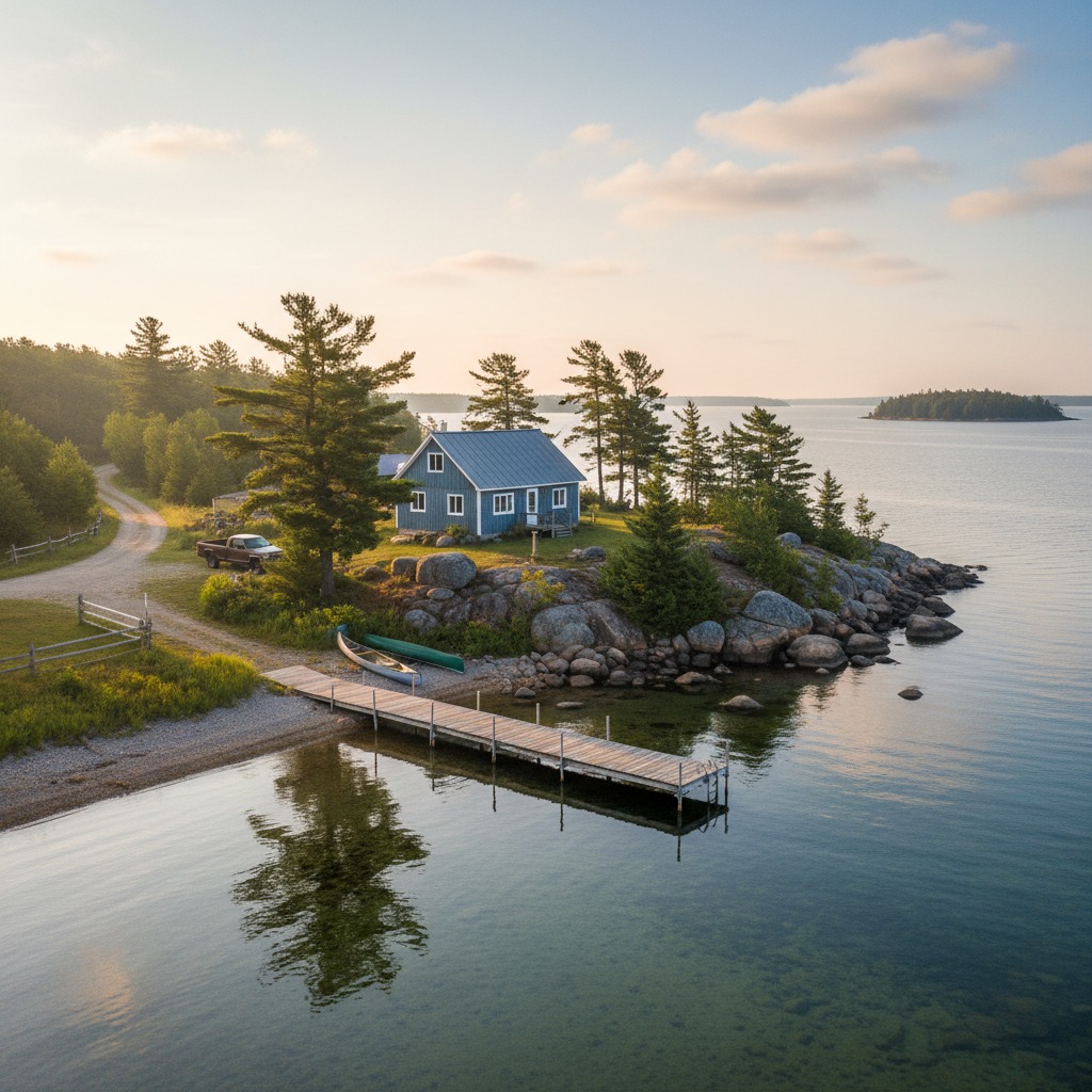 Rural waterfront property with well house and lake views