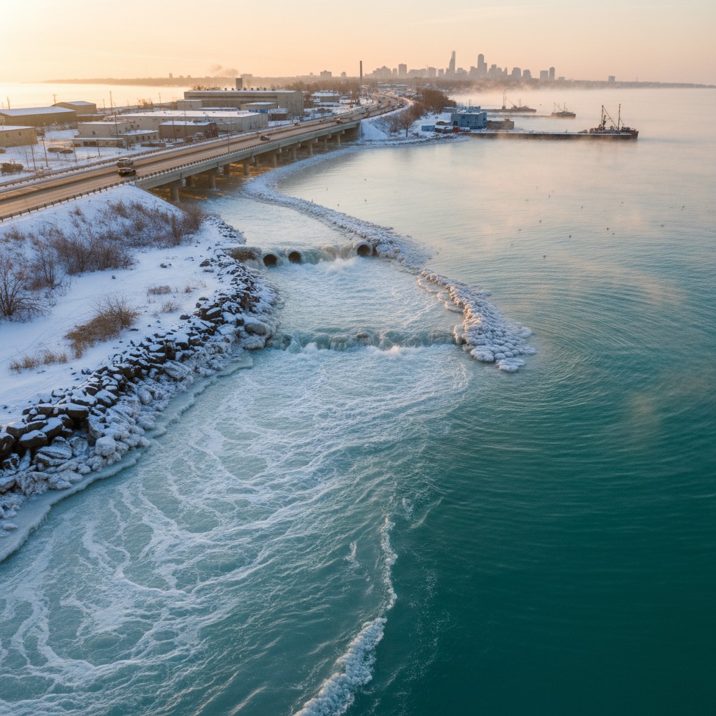 Meltwater carrying dissolved road salt flowing into a stream from a roadside ditch