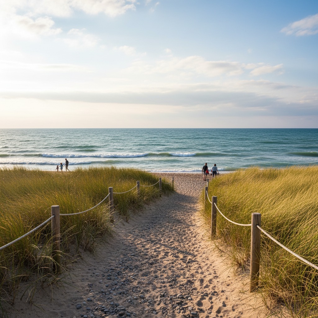 Sandy path leading through dunes to a shared waterfront beach access