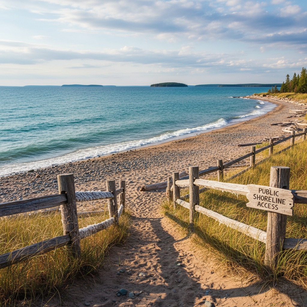 Private property fence along a waterfront shoreline