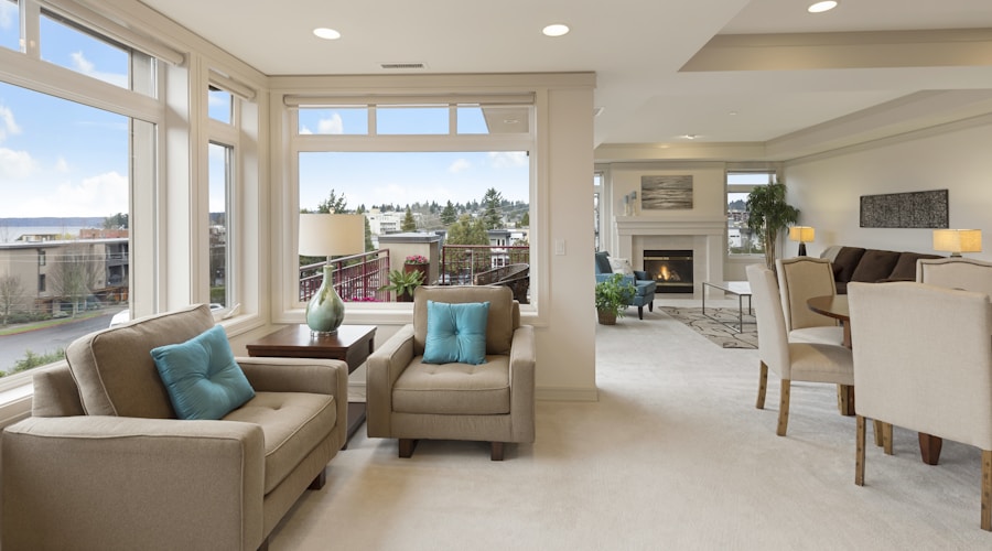 Open concept living room in a waterfront home staged for an open house